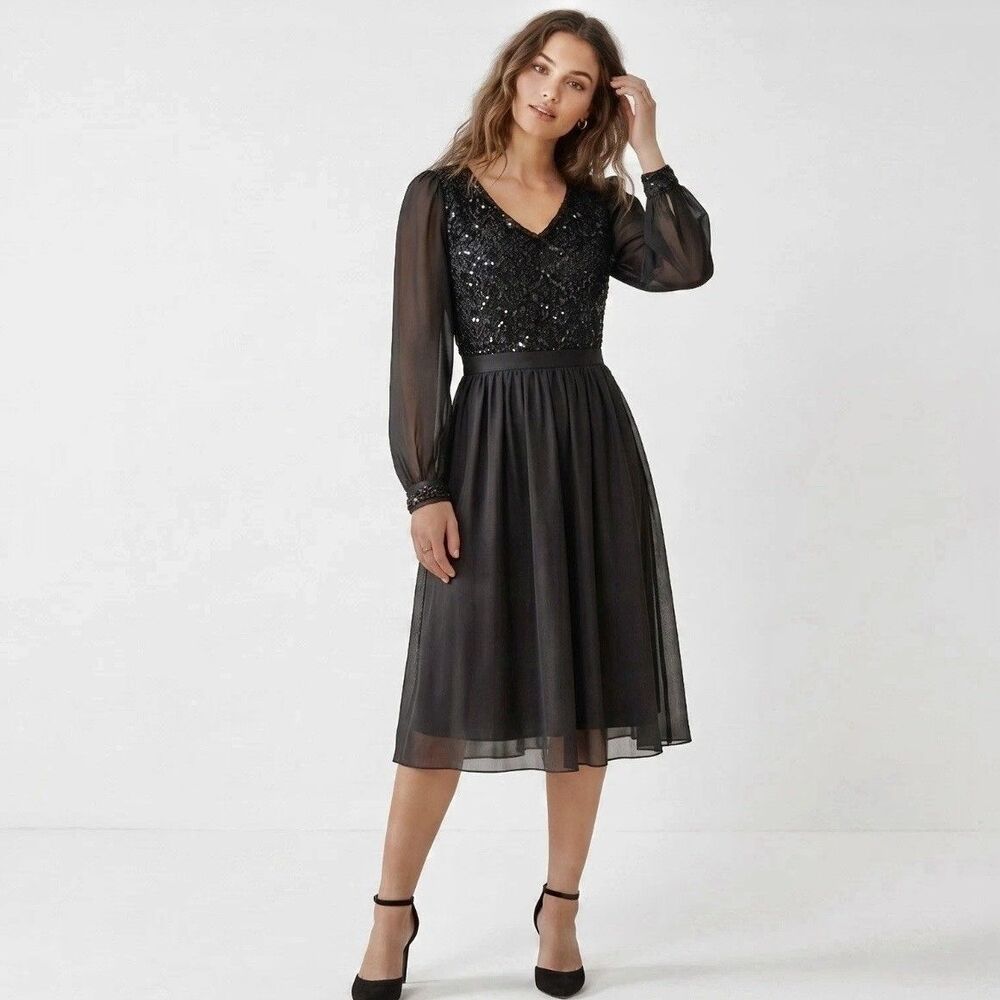 Mary Martin Dress Black Long Sleeve Knee Level Vtg 60s 70s Cocktail Glam Wedding
